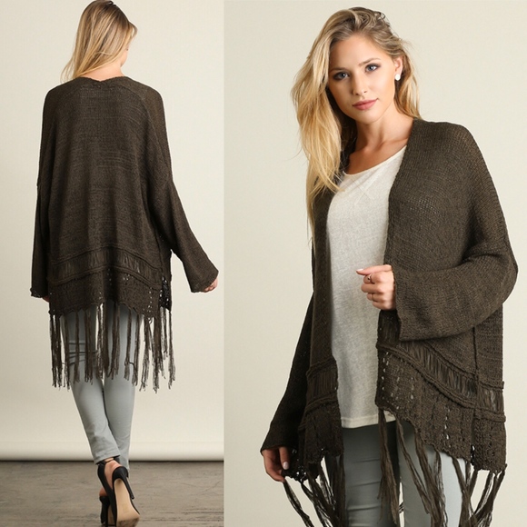 Sweaters - Olive Boho Open Front Cardigan Sweater with Fringe